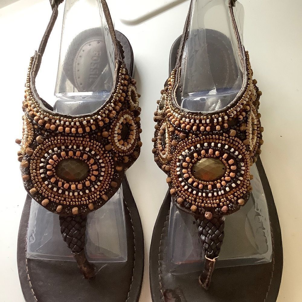 Fossil GENUINE LEATHER EMBELLISHED BROWN THONG SANDALS SIZE US 9